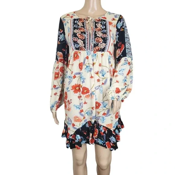 Patrons of Peace Long Sleeve Flowy Floral Mini Dress - Picture 1 of 5